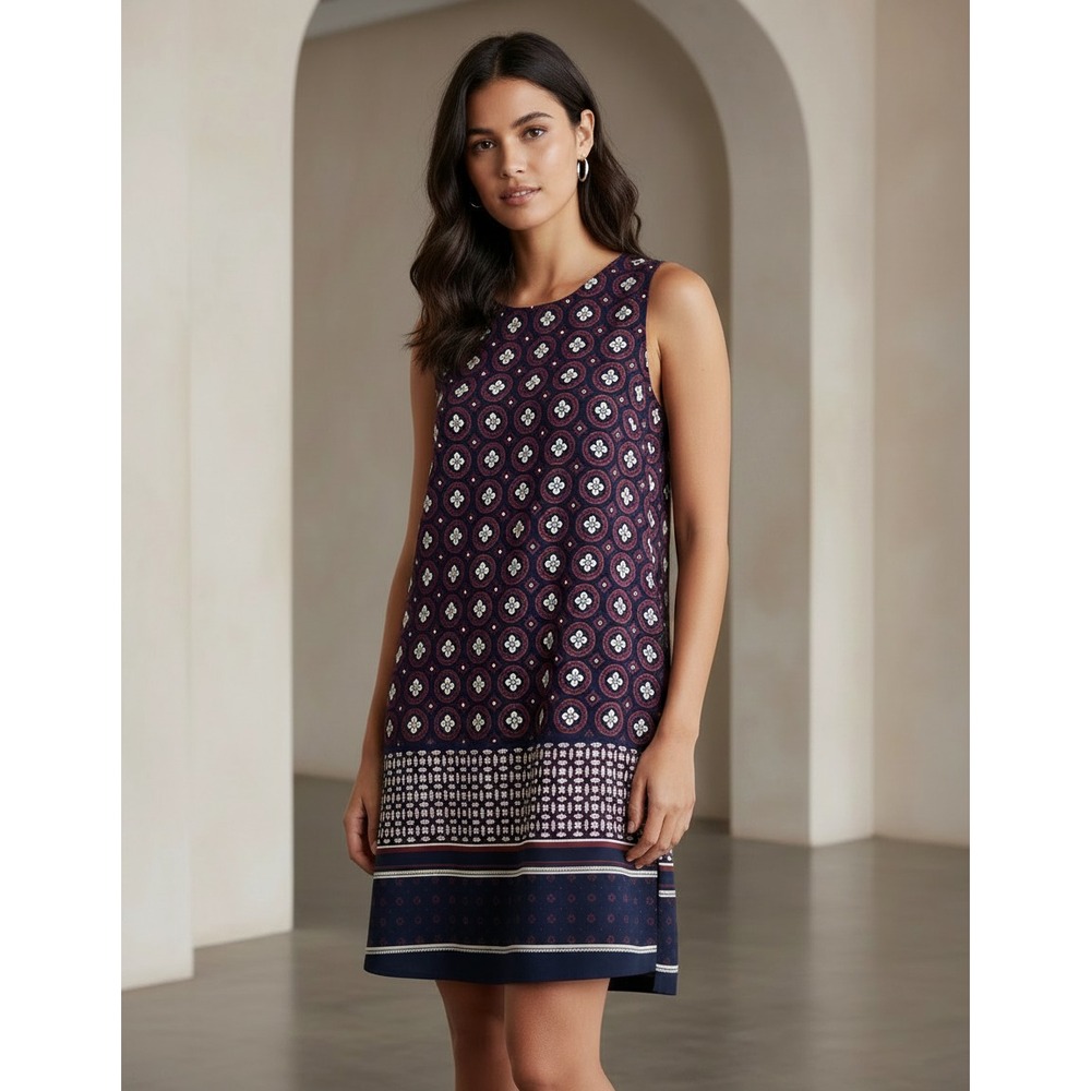 Banana‎ Republic M Dress Womens Burgundy Blue Medallion Shift Boho Hippie Chic